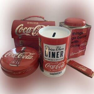Coca Cola 4 Piece Tin Set and Harmonica.